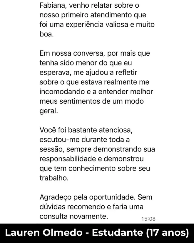 Depoimento de Lauren Olmedo, estudante, sobre a psicóloga Fabiana Mori